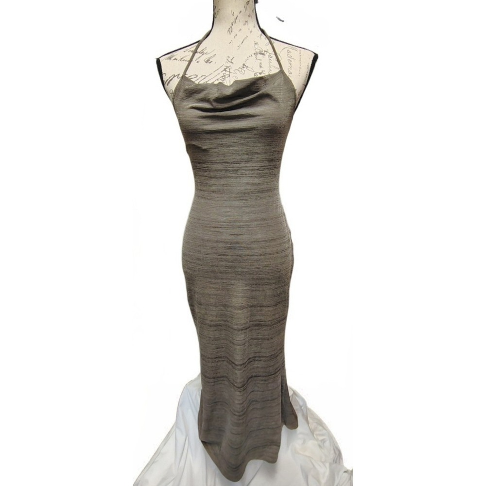 Vtg Y2K Shimmer Silver Slinky Knit Backless Cowl Neck Maxi Dress Formal